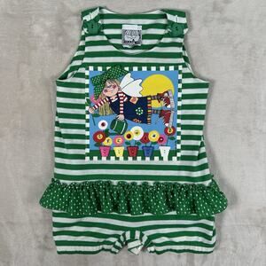 VTG Zoodles Dress Stripe Green White Gardening Angel Girls 24 Months 1996 USA
